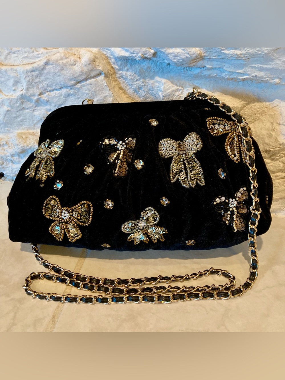 NWOT From India to you chic black velvet evening bag with box accents